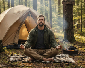 man meditating in front of a tent